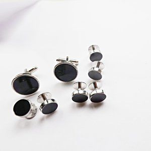Silver Cufflinks Studs Black 8  Pieces Vintage New